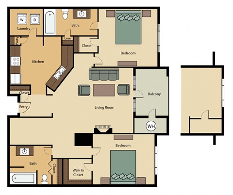 Floor plan for 2 beds, 2 baths, 1291 sqft